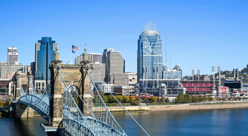Cincinnati skyline with John A. Roebling Suspension Bridge — a key PRPI market tied to long-term value in Real Estate Syndication Interests.